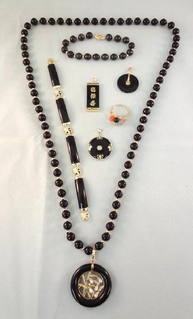 14K Gold Black Jade Jewelry Suite: (1) Necklace, (4) (1 of 9)