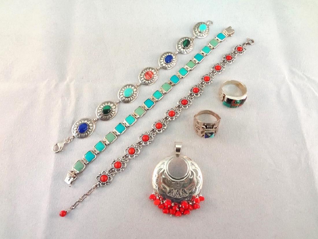 Sterling Silver Red Coral and Turquoise Jewelry Group: (1 of 7)