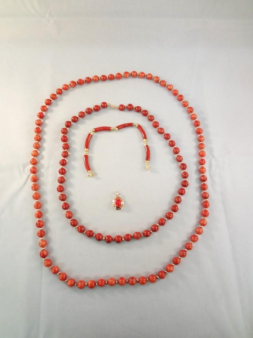 14K Gold Red Jade Jewelry: (2) Necklaces, Bracelet, (1 of 4)