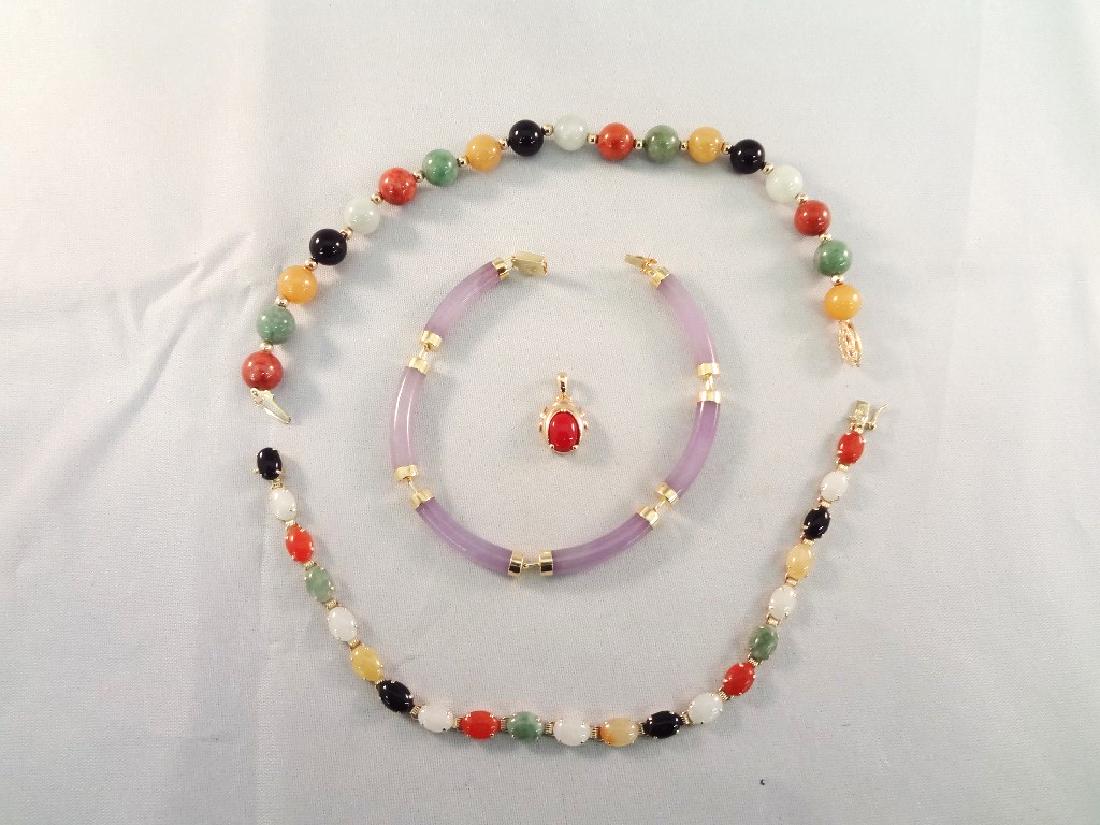14K Gold and Multi Color Jade Jewelry: (3) Bracelets, (1 of 5)