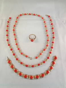 14k/18k Gold Coral Bracelet, Ring and Necklace Jewelry: 14k/18k Gold Coral Bracelet, Ring and Necklace Jewelry Group: Gorgeous group of gold and coral jewelry. INcluded in this group is an 18k gold bracelet with 12 coral cabochons 7.5" long, marked Made in