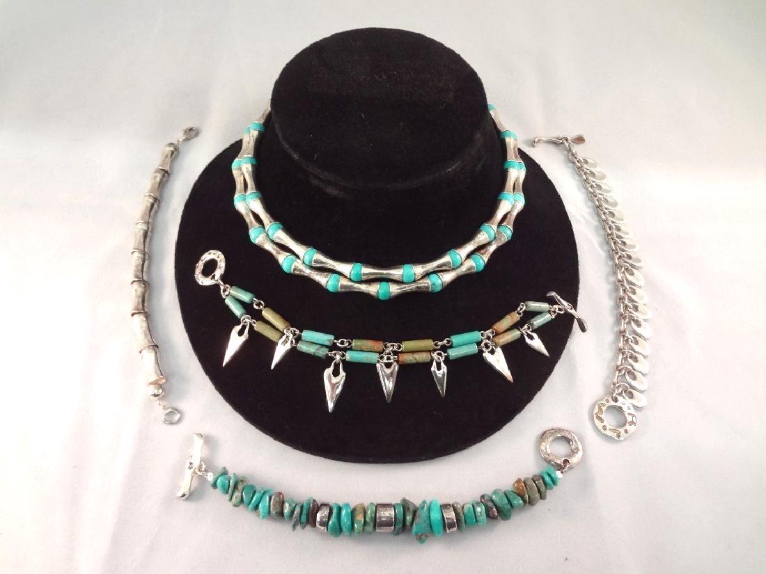 (4) Robert Lee Morris Sterling Silver Bracelets (2): (4) Robert Lee Morris Sterling Silver Bracelets (2) Sterling and Turquoise Necklace: Gorgeous group of Robert Lee Morris sterling silver. There are (2) Choker necklaces in sterling and turquoise 16" l