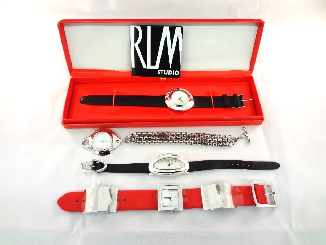 Robert Lee Morris Sterling Silver (4) Watches: Robert Lee Morris Sterling Silver (4) Watches: Gorgeous group of modernist sterling silver designed watches from Robert Lee Morris. Included are: Oval face leather band 8.5" long .97 troy ounce, squar