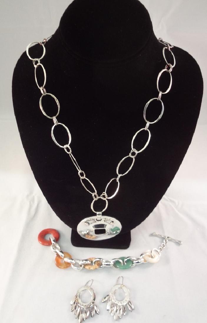 Robert Lee Morris Sterling Silver Jewelry Group:: Robert Lee Morris Sterling Silver Jewelry Group: Necklace/Pendant, Earrings and Bracelet: Pair of Chandelier dangle earrings 1.5" long .32 troy ounces. Toggle bracelet with 5 color round stones 8" lon