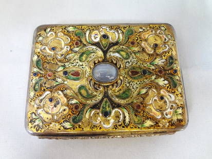 10k Gold Enameled Hallmarked Box with Center Star: 10k Gold Enameled Hallmarked Box with Center Star Sapphire: A beautiful gold hinged box. Inside insert acid tests 10k gold. There are hallmarks that are unknown. Outside enameling is wearing off. Cent