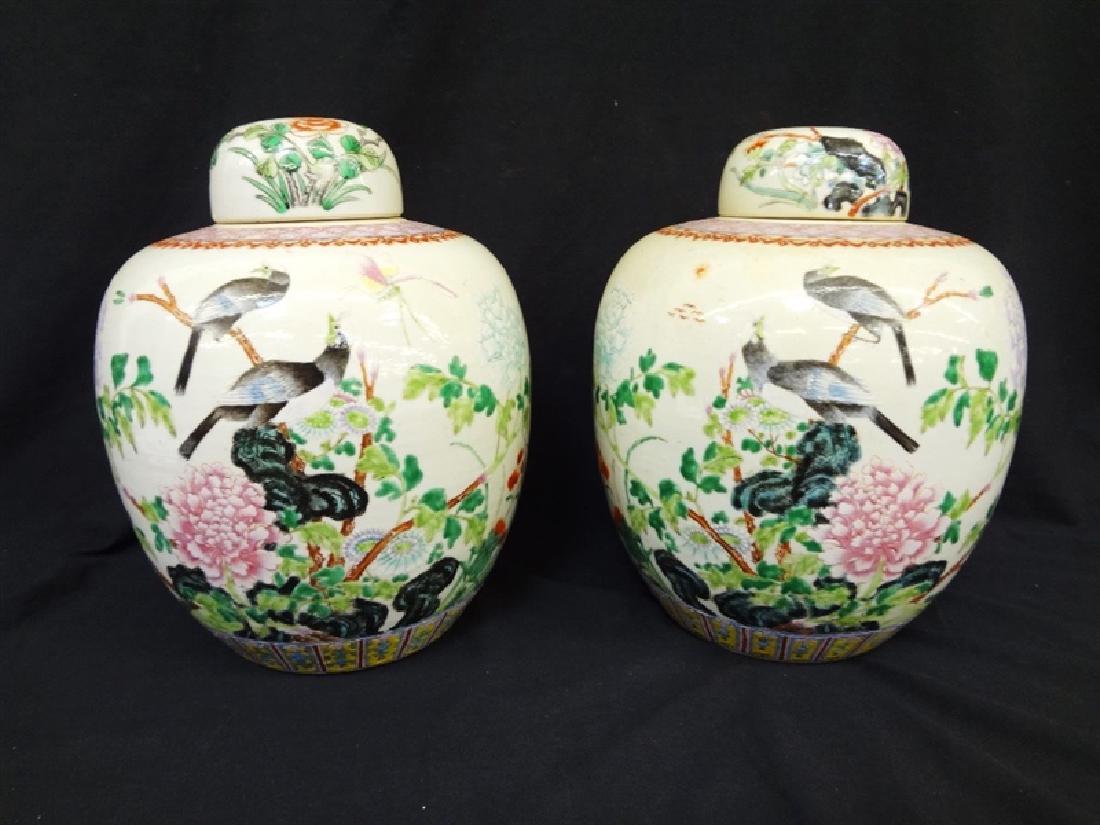 Pair of Ching Dynasty Lidded Vases Bird and Floral (1 of 5)