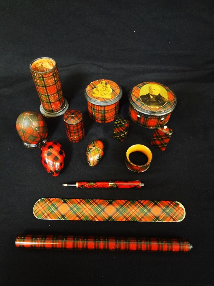 (13) Pieces 19th Century Tartanware Pieces: Needle: (13) Pieces 19th Century Tartanware Pieces: Needle Cases, box, Egg Thimble Holder, Others: Great group early Tartanware. Included in this group are the following pieces: New Ink Pen Reflections, Engli
