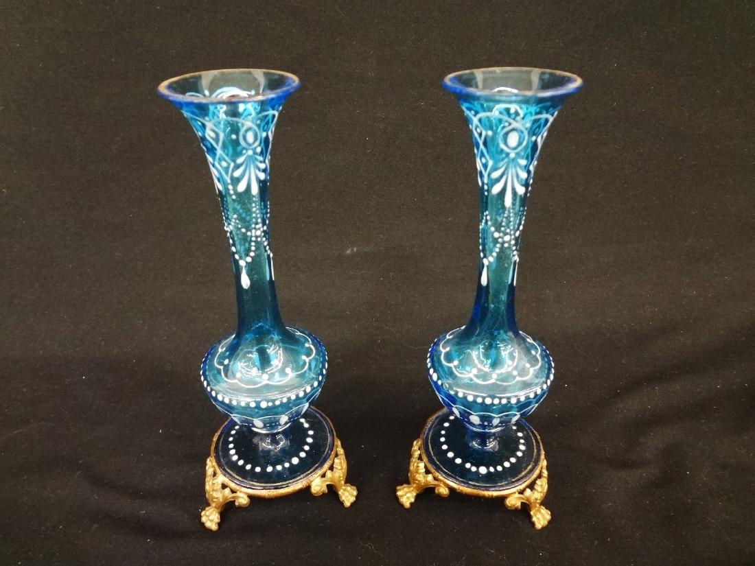 Pair Bohemian Enamel Czech Glass Vases on Brass Bases (1 of 3)