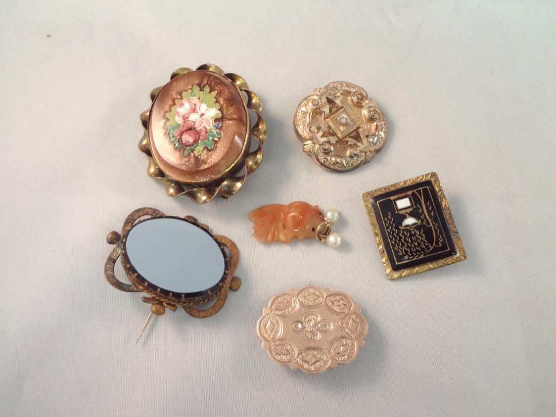 (6) Victorian Mourning Brooches: Enamel, Gold Filled, (1 of 5)