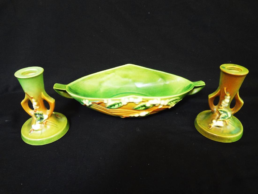 Roseville Pottery Console Bowl and Candlesticks (1 of 7)