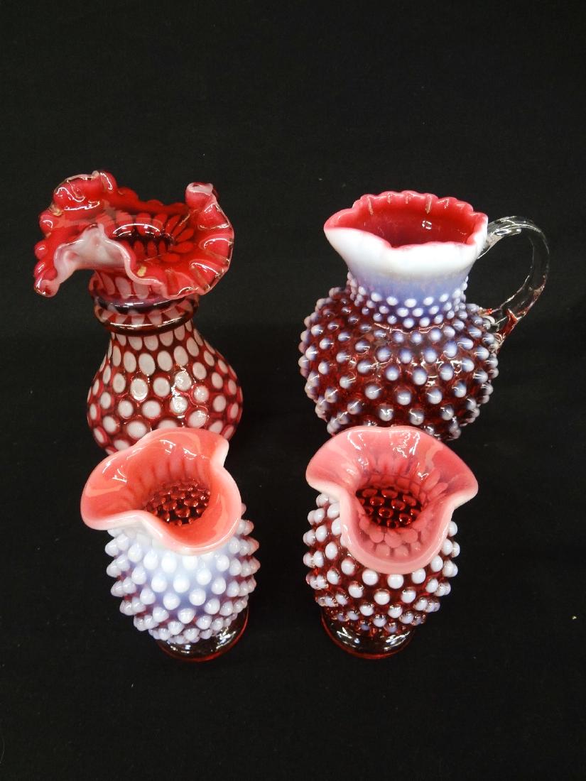 (4) Fenton Glass Opalescent Cranberry Hobnail Pieces (1 of 5)