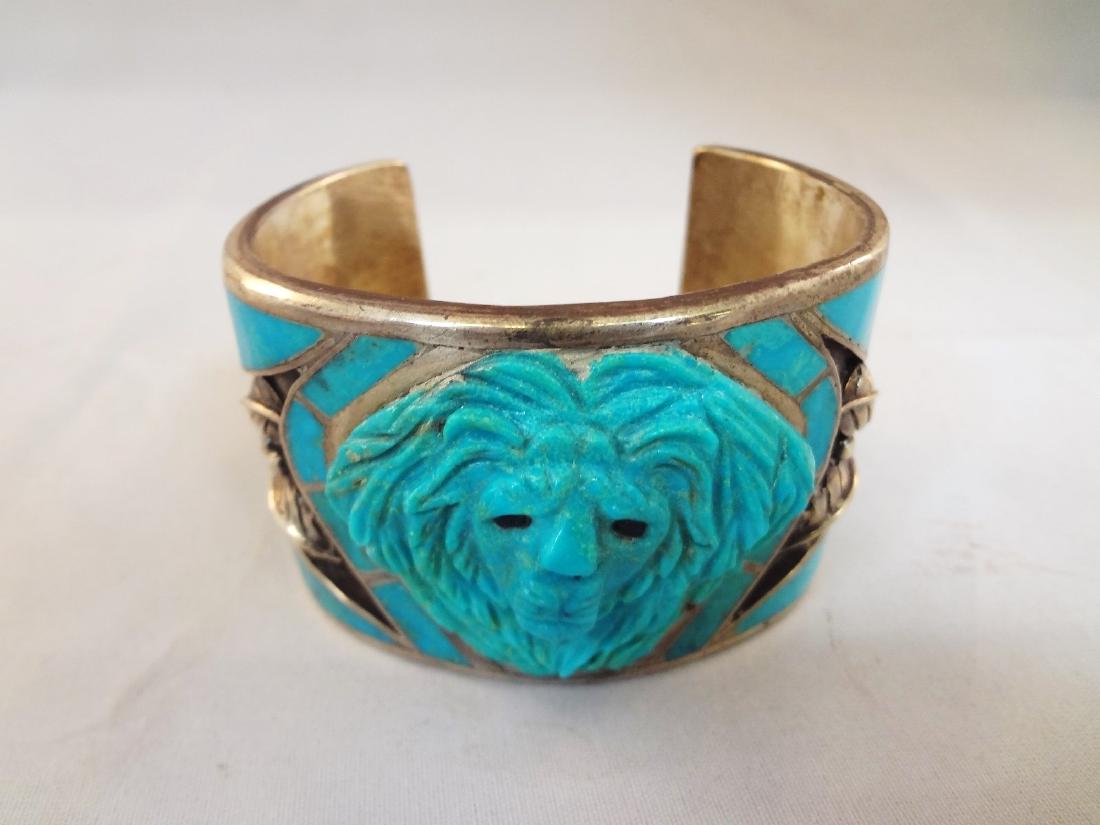 Southwest Sterling and Turquoise Cuff Bracelet Lion (1 of 5)