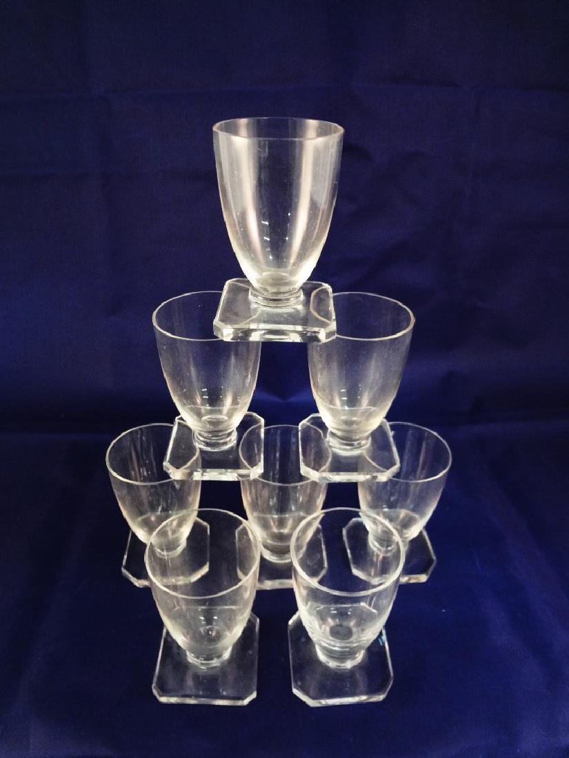 Daum Nancy Glass (8) Clear Cordials: Daum Nancy Glass (8) Clear Cordials: Nice set of 8 Daum glass cordials. All signed Daum on square base. (3) of the glasses each have a flea bite off the rim edge. (5) have no condition issues. Measure