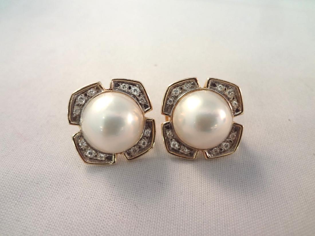 14k Gold Post Earrings with 12 Diamonds, MOP Cabochon (1 of 2)