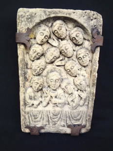 Sandstone Carving Jesus and 12 Disciples Iron Frame: Sandstone Carving Jesus and 12 Disciples Iron Frame Hanger: Early sandstone carved sculpture of Jesus and his 12 disciples. Attached is an iron frame for hanging. Measures 7 x 11.5".