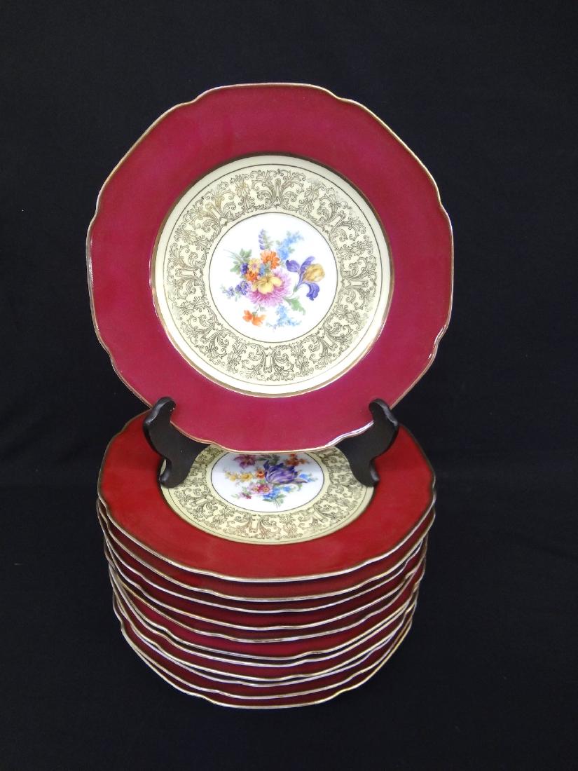(12) Bavarian Tirschenreuth Dinner Plates: (12) Bavarian Tirschenreuth Dinner Plates: (12) Bavarian Tirschenreuth Dinner Plates: A beautiful group of 12 Tirschenreuth Dinner plates. Floral decoration center, gold edged with wide maroon band. V