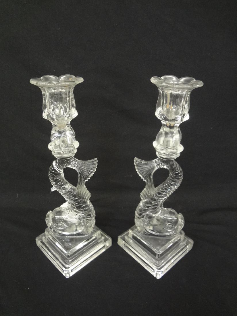 Pair of Dolphin Sandwich Glass Candlesticks with Double