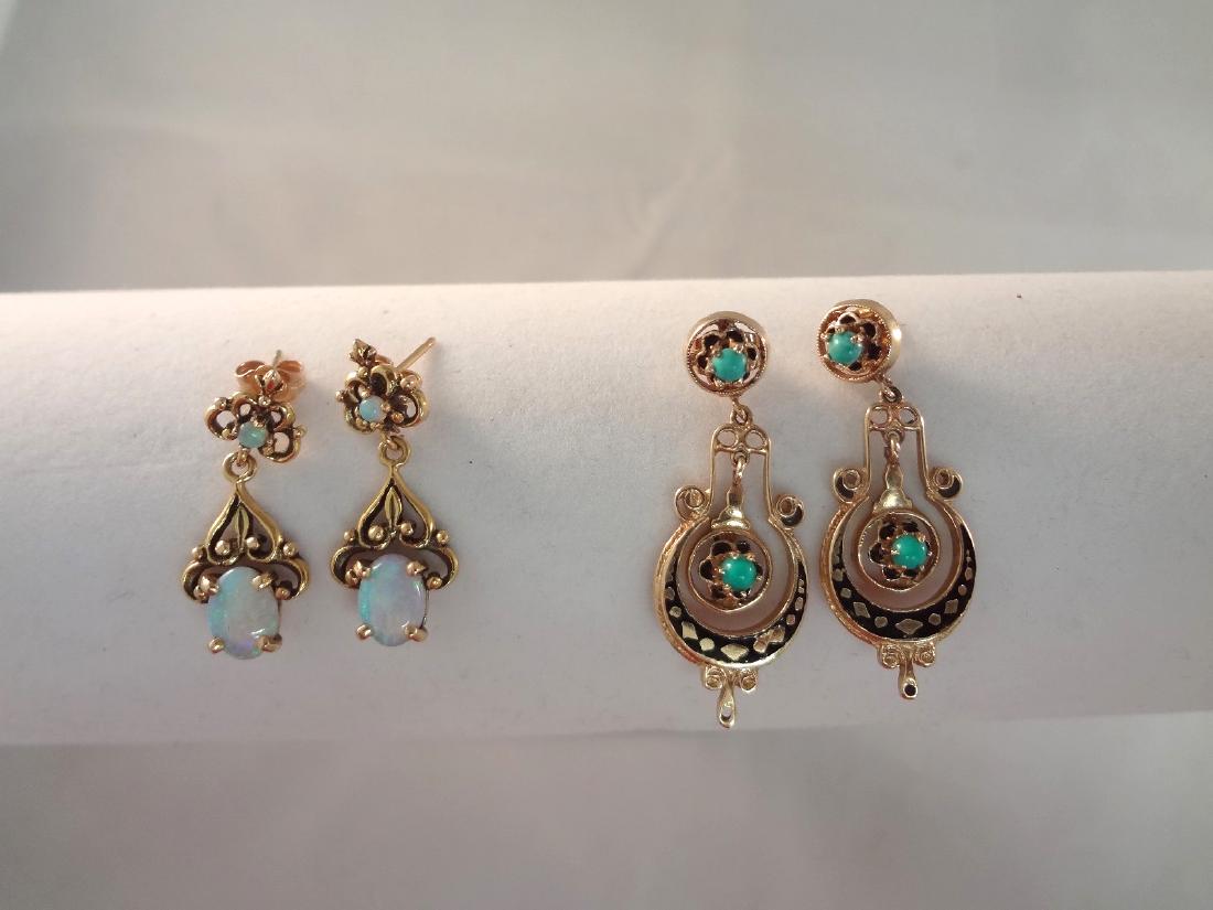 (2) 14k Yellow Gold Opal and Turquoise Dangle Drop Post (1 of 3)