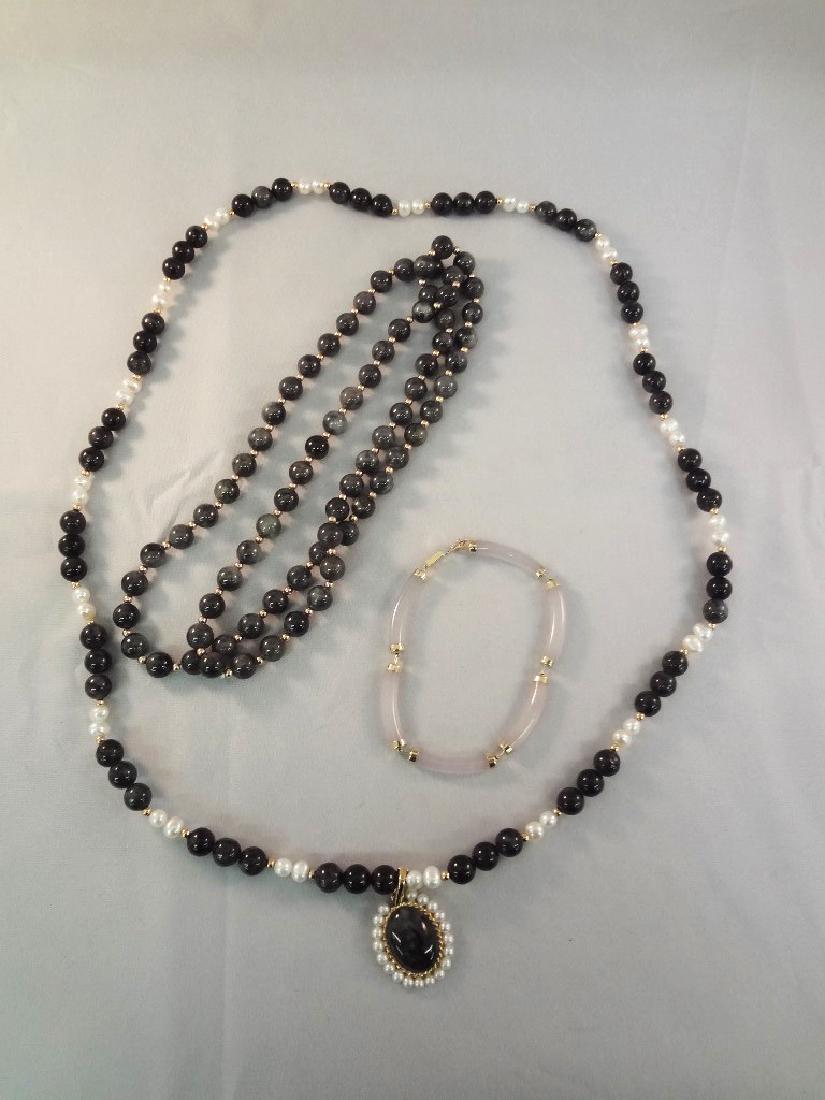 14K Gold Smoky Black Jade Jewelry: (2) Necklaces, (1 of 4)