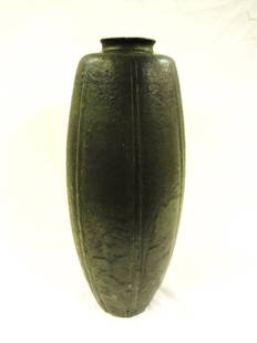 Massive Grueby Art Pottery Museum Quality Vase: Massive Grueby Art Pottery Museum Quality Vase: Stunning, and large Grueby Pottery vase. Measuring 17.75" tall, mouth opening 2.75". Sticker on bottom reads Grueby pottery Museum. Has been drilled on