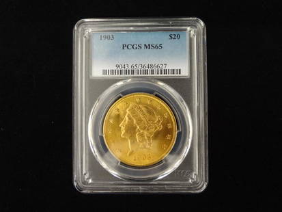 1903 Liberty Head $20 Dollar Gold Piece PCGS MS65: 1903 Liberty Head $20 Dollar Gold Piece PCGS MS65: Stunning twenty dollar gold coin. 1903 Liberty Head regular strike. Graded PCGS MS65. Coin designed by James Barton Longacre, with 287,270 minted. PC