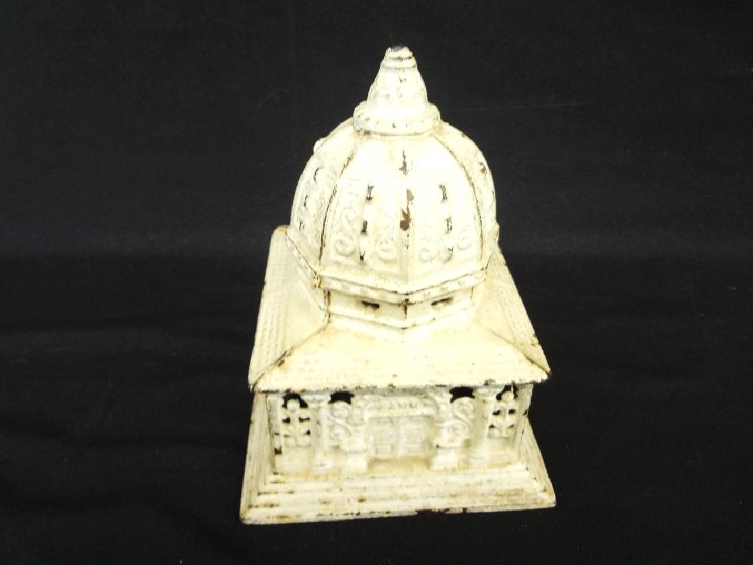 Kenton Hdwe Co. Cast Iron "Columbia Building" Still: Kenton Hdwe Co. Cast Iron "Columbia Building" Still Bank Late 1800's: Beautiful early still bank made by the Kenton Hdwe Mfg Co out of Kent, Ohio. This is the Columbia Building. Original white paint h