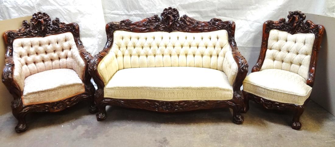 Karpen Brothers Art Nouveau Parlor Set in Cuban: Karpen Brothers Art Nouveau Parlor Set c. 1905: Consists of three pieces. Settee, king chair and side chair. Heavily carved frames with roses, vines and center symbol female nude with wild flowing hai