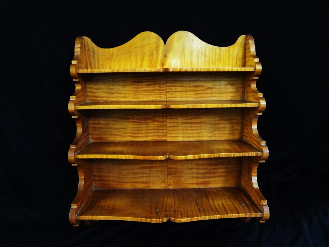 Tiger Maple What Not Shelf: Tiger Maple What Not Shelf: Stunning tiger maple shelf. Measures 16.5 x 19.25" x 5.75" deep. Has 4 shelves and in excellent condition