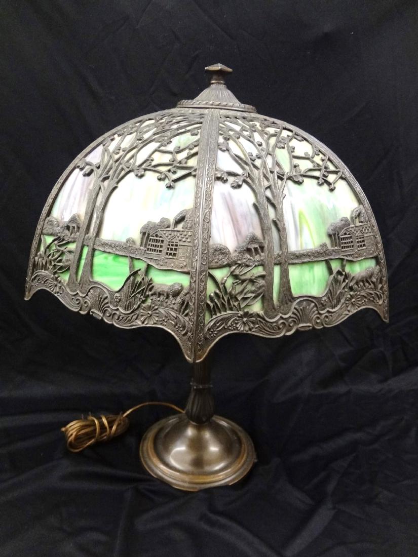 Miller Lamp Co. Scenic Slag Glass Pierced Metal Shade (1 of 9)