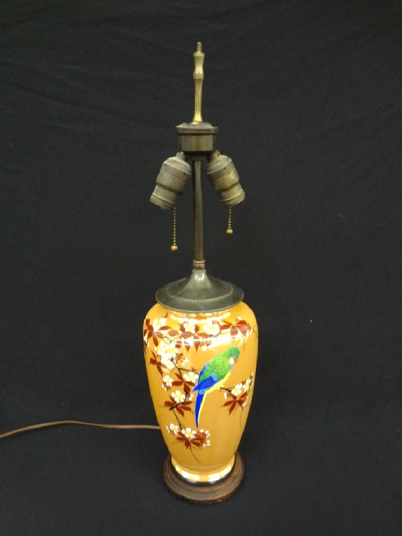 Lustreware Table Lamp: Floral Parrot Hand Painted: Lustreware Table Lamp: Floral Parrot Hand Painted Decoration: Measures 25.5" tall, no condition issues, is missing finial.