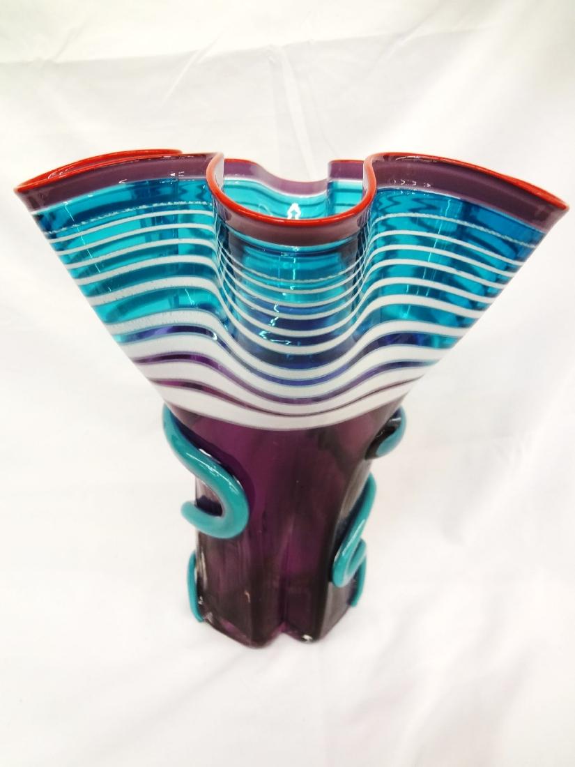 David Hershey Signed Art Glass Vase: David Hershey Signed Art Glass Vase: Ruffled top, measuring 12.5" tall, 10.75" in diameter. Purple, blue and white etch signature on bottom. No condition issus