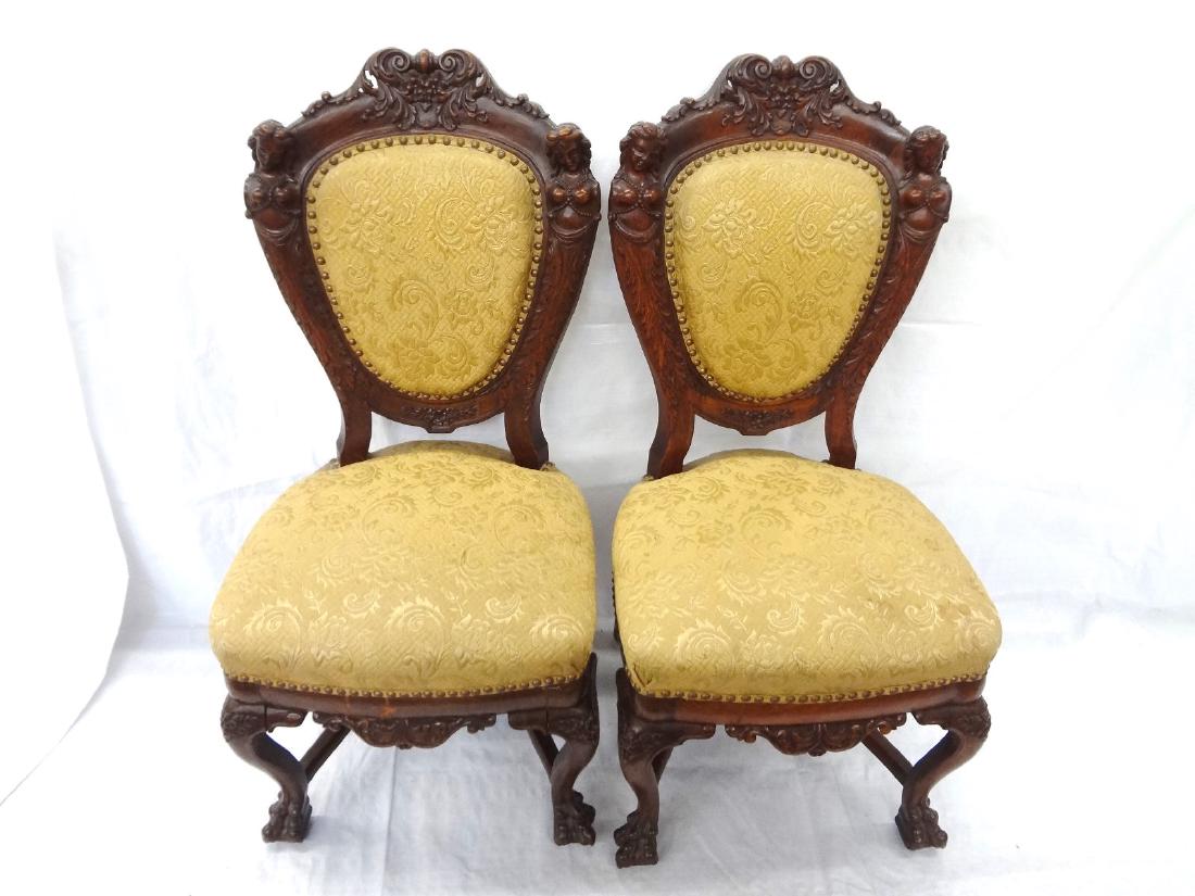 Pair of Art Nouveau Renaissance Side Chairs Female: Pair of Art Nouveau Renaissance Side Chairs Female Adornment: Nice pair of newly upholstered Renaissance revival side chairs. Female nude adorning top arched sides. Ball and claw feet from cabriole le