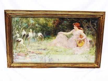 Frederick Stuart Church (American 1842-1924) Original: Frederick Stuart Church (1842-1924) Original Oil Canvas Lady with Storks: Stunning oil painting by F.S. Church. Framed and measuring 30.5 x 18.5. Painting is behind glass, with age cracking but no rep