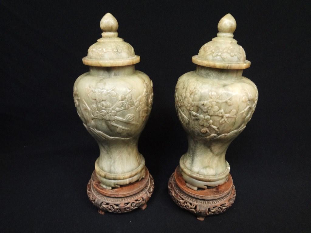 Pair Spinach Jade Carved Lidded Urns on Bases (1 of 8)