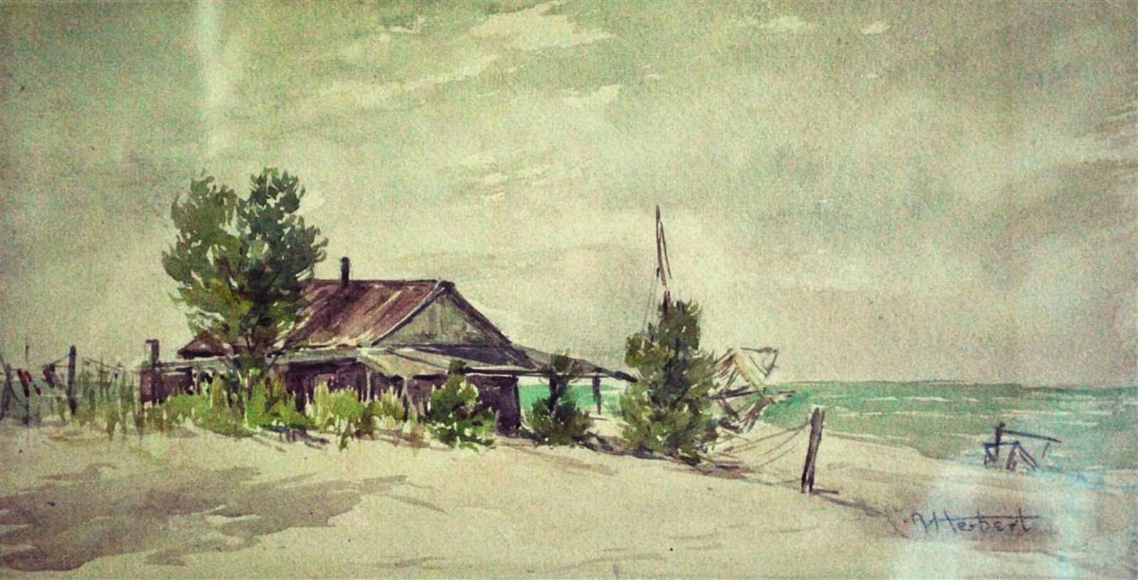 Watercolor House on Beach signed H Herbert (1 of 2)