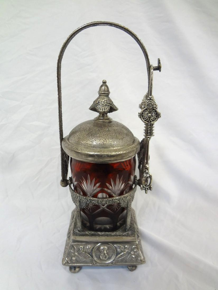 Pickle Jar Cast Metal with Tongs Cut To Clear Ruby Red (1 of 4)
