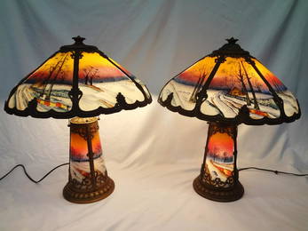 Pair of Arts and Crafts Era Reverse Hand Painted Lamps