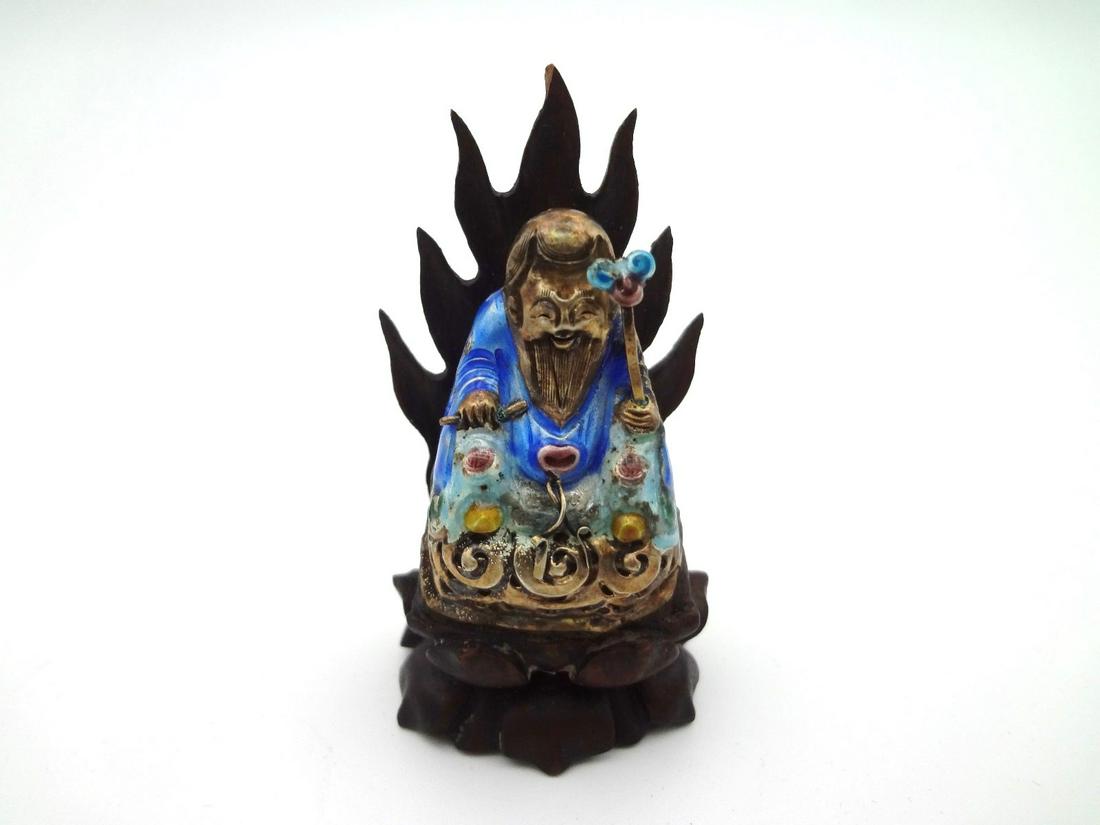 Cloisonne Gold Filled Happy Buddha Small Figurine Set: Cloisonne Gold Filled Happy Buddha Small Figurine Set on Teak Carved Base: Incredible small happy buddha in cloisonne and gold. Measures 2.5" tall.