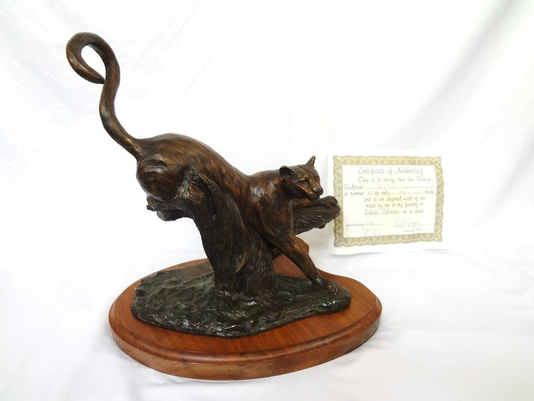 Carl Wagner (American 1938-2011) "Big Cat" Bronze #8/25: Carl Wagner (American 1938-2011) "Big Cat" Bronze #8/25: Made at his foundry in Salida, CO. Notorized paperwork 1994. Measures 18" tall, base is 18.5" x 14". Numbered 8/25