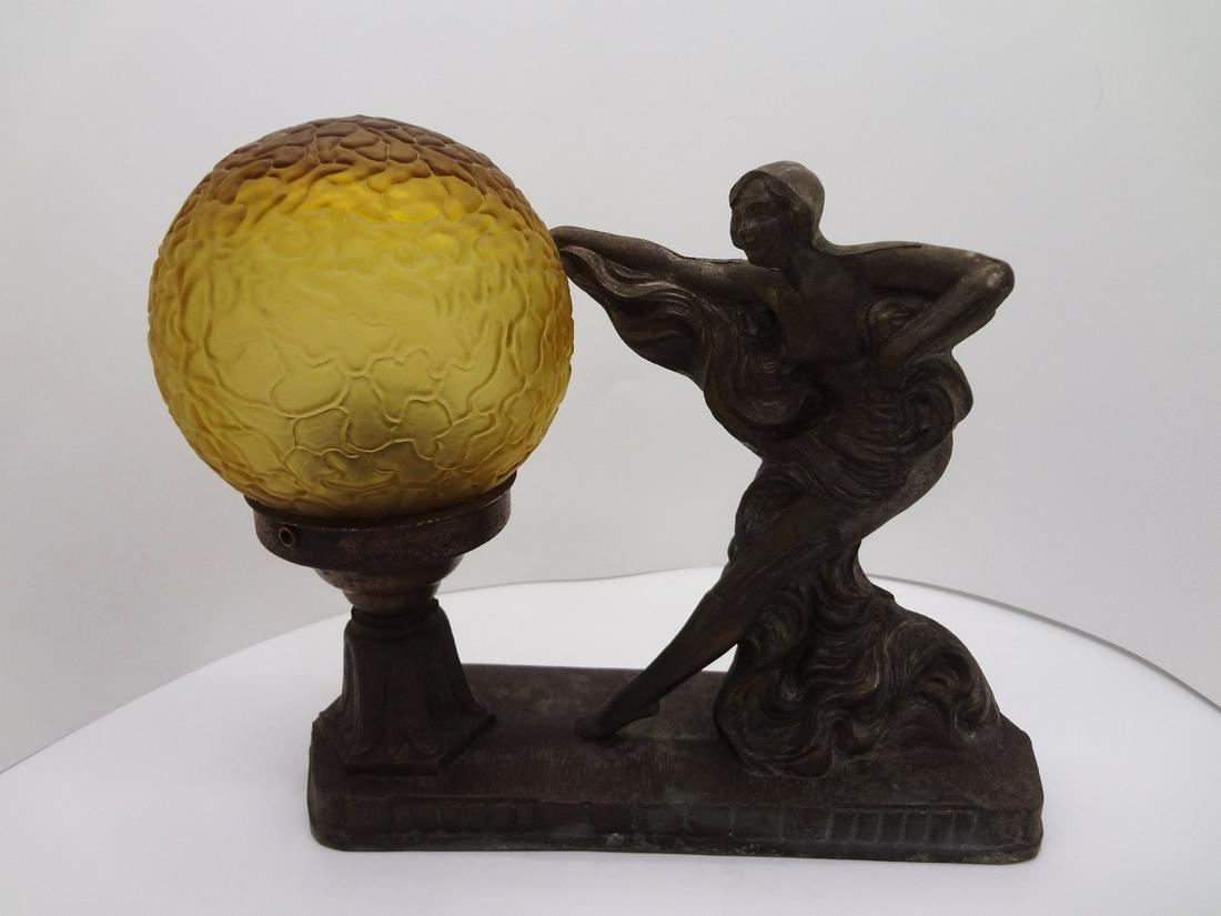 Art Deco Female Cast Metal Lamp with Amber Round (1 of 5)