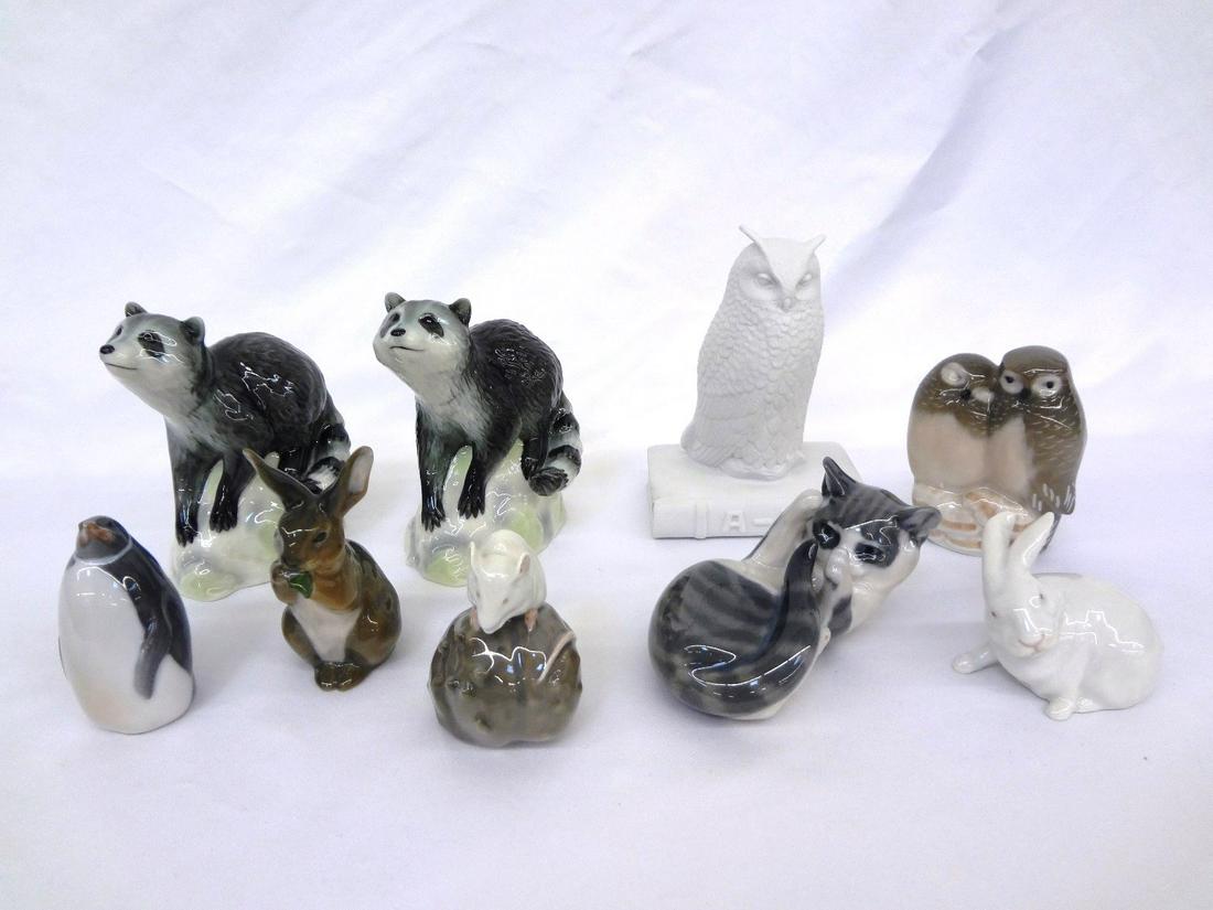 (9) Royal Copenhagen Animal Figurines: (9) Royal Copenhagen Animal Figurines: Raccoons, owls, rabbits, kitten, mouse, penguin