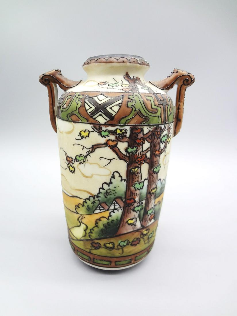 Nippon Hand Painted Raised Relief Double Handle Vase (1 of 3)
