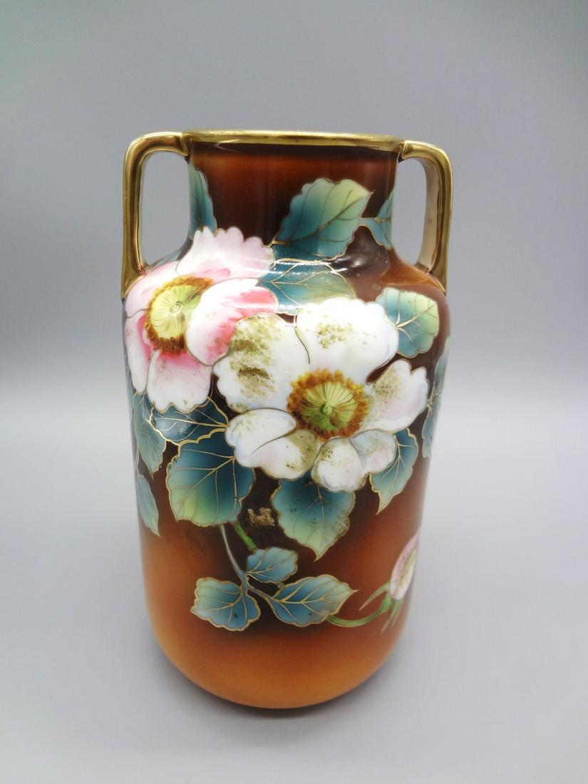 Nippon Hand Painted Floral Brown Double Handle Vase (1 of 3)