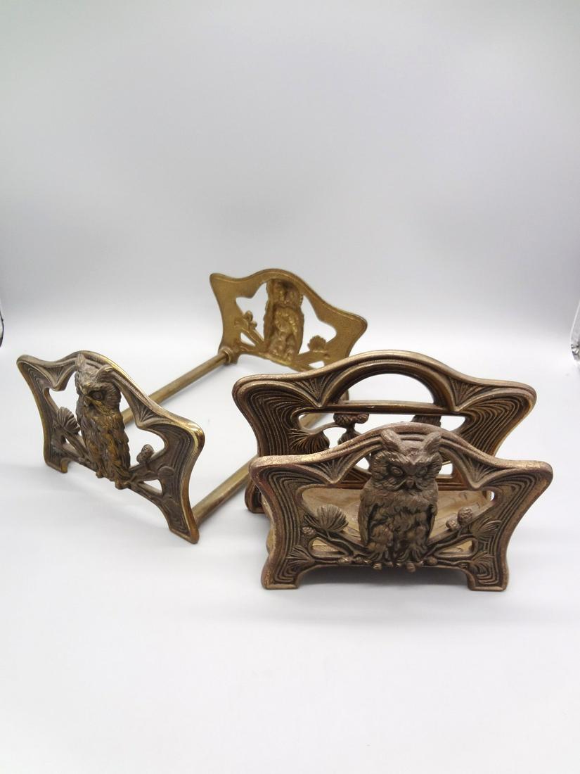 Art Nouveau Judd Mfg. Expandable Letter Holder and: Art Nouveau Judd Mfg. Expandable Letter Holder and Paper Holder: Brass expandable letter holder with owls 4.5" tall, expands to 14.5", also with stationary paper holder 5" tall. Beautiful pieces.