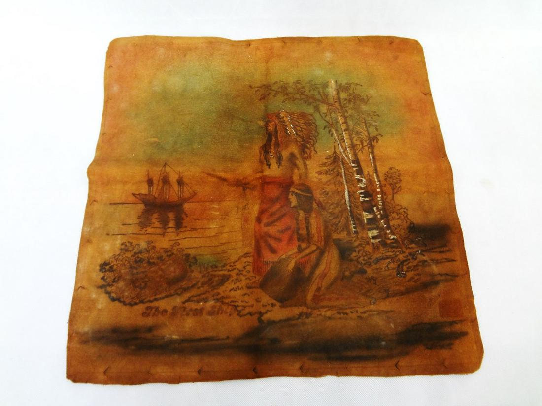 Native American Hand Painted Leather "The First Ship": Native American Hand Painted Leather "The First Ship": Measures 17" square. Creases from folding.