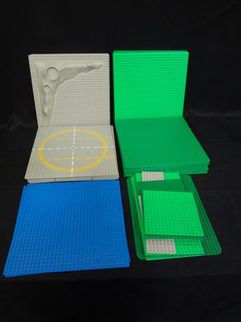 Large Group of LEGO Building Bases: Green, Blue, Beige: Large Group of LEGO Building Bases: Green, Blue, Beige and Roadway: (2) blue 10x10", 8 gray roadway 10x10, 18 dark green 10x10, 4 light green 10x10, 4 gray with hills 10x10, 1 dark green 7.5x10, 3 lig
