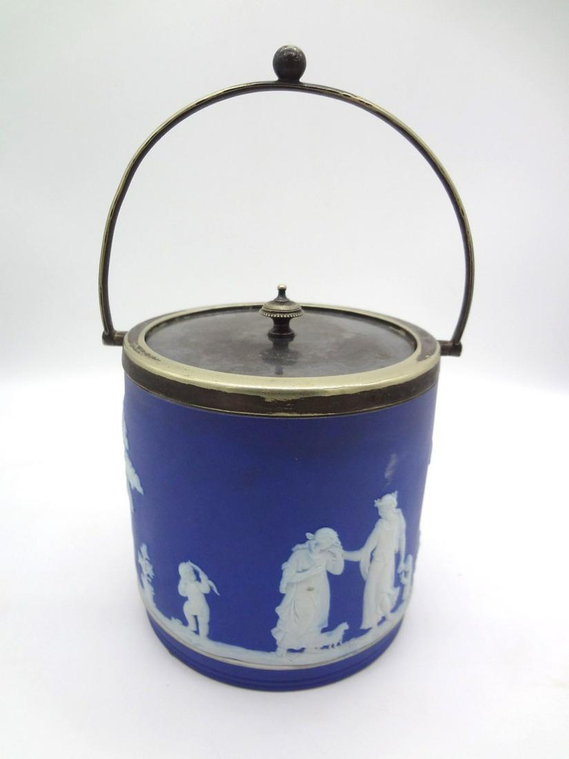Wedgwood Blue Jasper Biscuit Jar Silver Plate Parkin: Wedgwood Blue Jasper Biscuit Jar Silver Plate Parkin and Marshall: Measures 9.5" tall with handle. No condition issues.