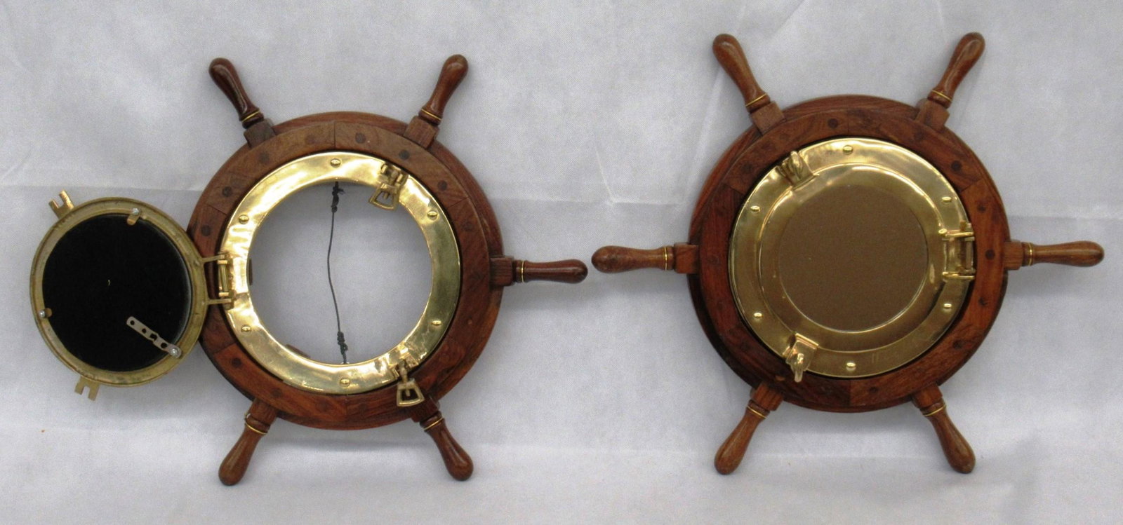 Pair wooden and Brass Ships Wheels With Port Hole (1 of 3)