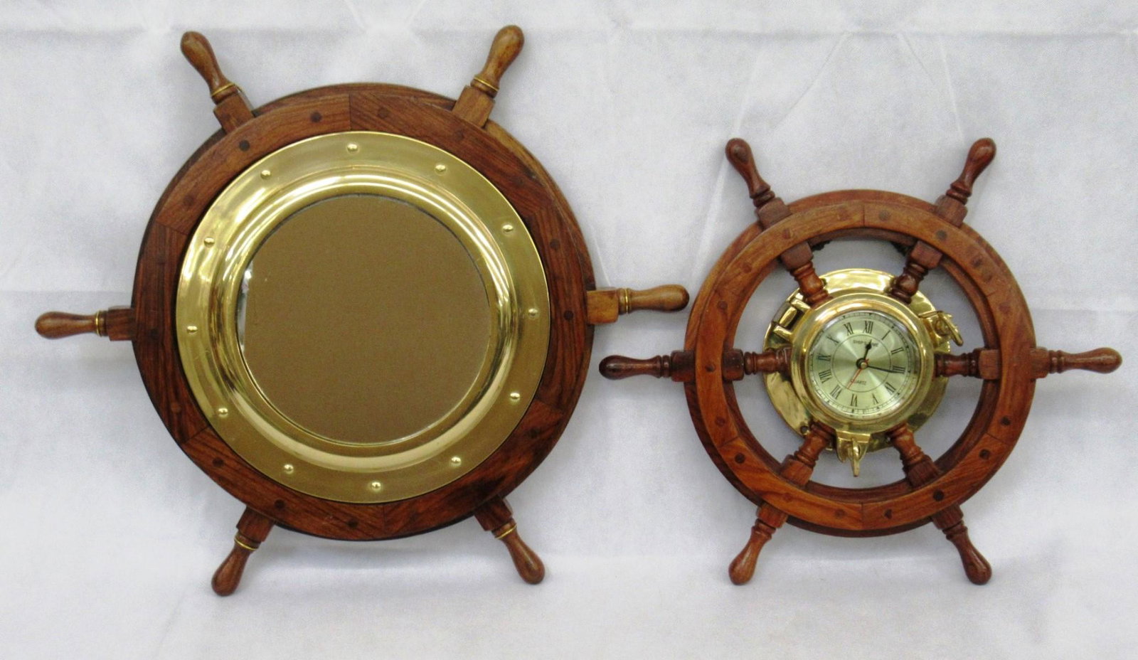 Pair Wood and Brass Nautical Ships Wheel Mirror and (1 of 5)