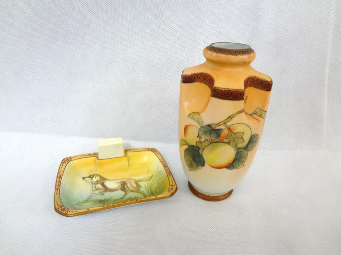 Nippon Vase and Cigarette Ashtray: Nippon Vase and Cigarette Ashtray: Vase is 7" tall, ashtray measures 5 x 4". Vase has fruit decoration and the ashtray is of a dog in a field. No condition issues
